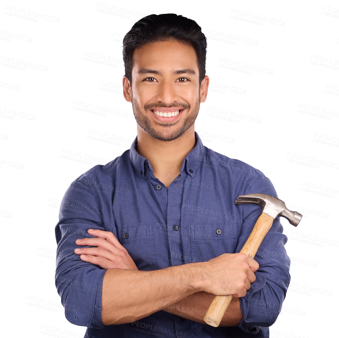 Buy stock photo Portrait, hammer and happy asian man with arms crossed on isolated, transparent and png background. Maintenance, repairs and face of male handyman smile with DIY pride, advice or fix, tips or guide