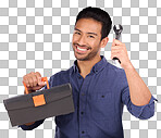 Portrait, tool and Asian man with box, smile and maintenance with guy against blue studio background. Face, male employee and handyman with happiness, equipment and contractor with service and happy