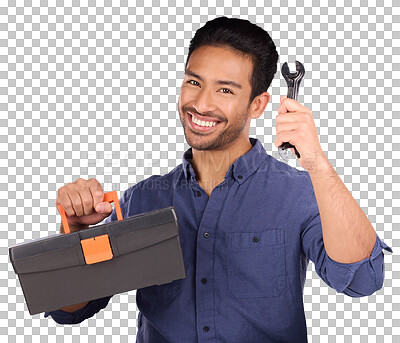 Buy stock photo Portrait, happy man with tool box and wrench isolated on transparent png background in repair solution, maintenance service or help. Professional worker, person or plumber with mechanic tools in hand