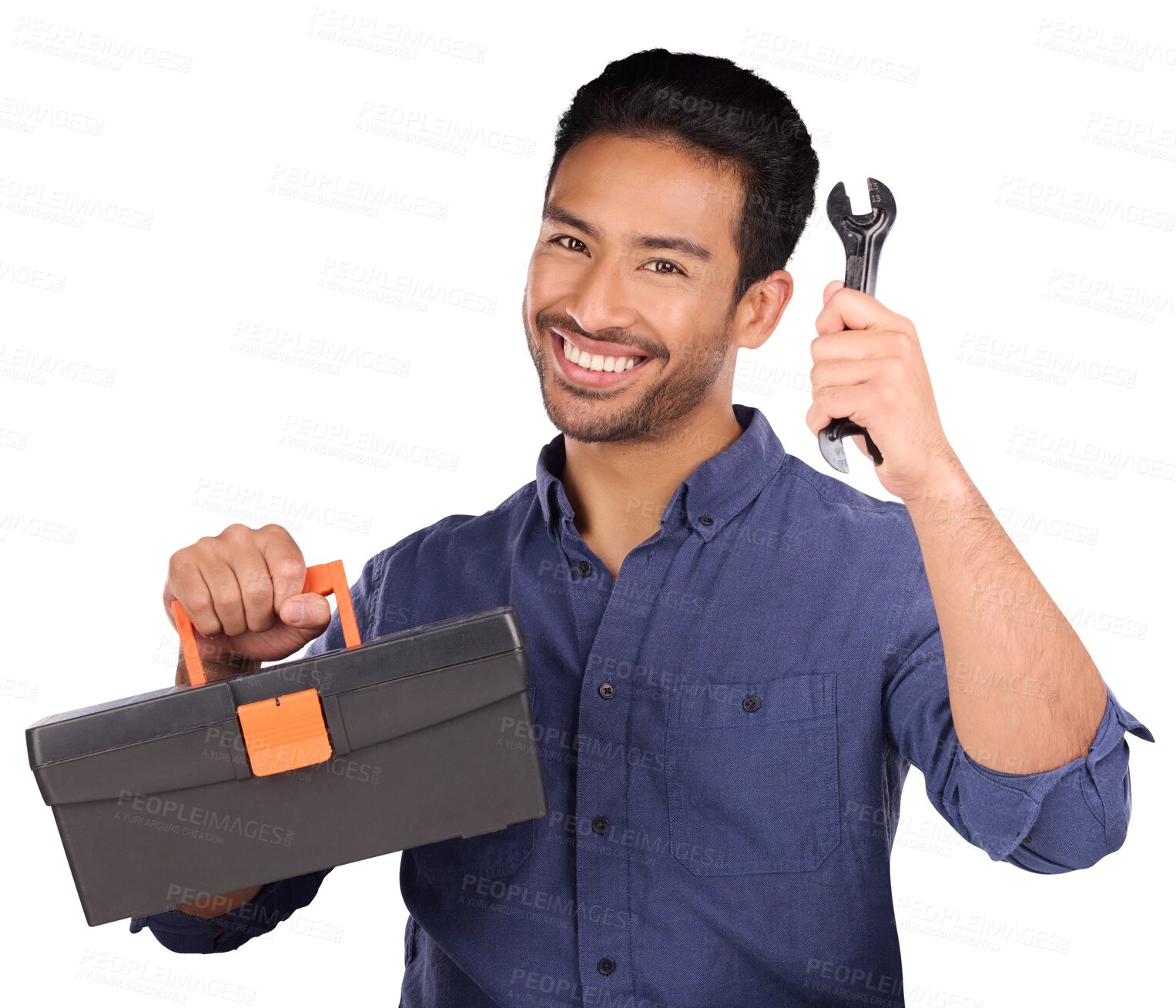 Buy stock photo Portrait, happy man with tool box and wrench isolated on transparent png background in repair solution, maintenance service or help. Professional worker, person or plumber with mechanic tools in hand