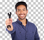 Portrait of man with wrench tool isolated on studio background for repair solution, maintenance or plumbing. Professional worker, asian person or happy plumber hand with mechanic gear for job success