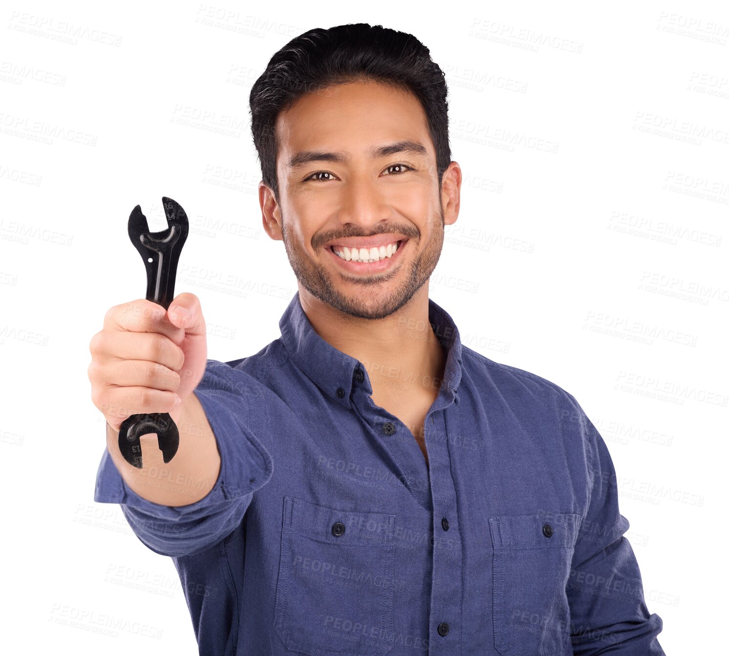 Buy stock photo Portrait, happy man with wrench or spanner isolated on transparent png background in repair solution, maintenance or problem solving. Professional work, person or plumber with mechanic tools in hand.