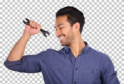 Buy stock photo Smile, happy man with wrench and power isolated on transparent png background in repair solution, maintenance or problem solving. Strong worker, person or plumber service with mechanic tools in hand.