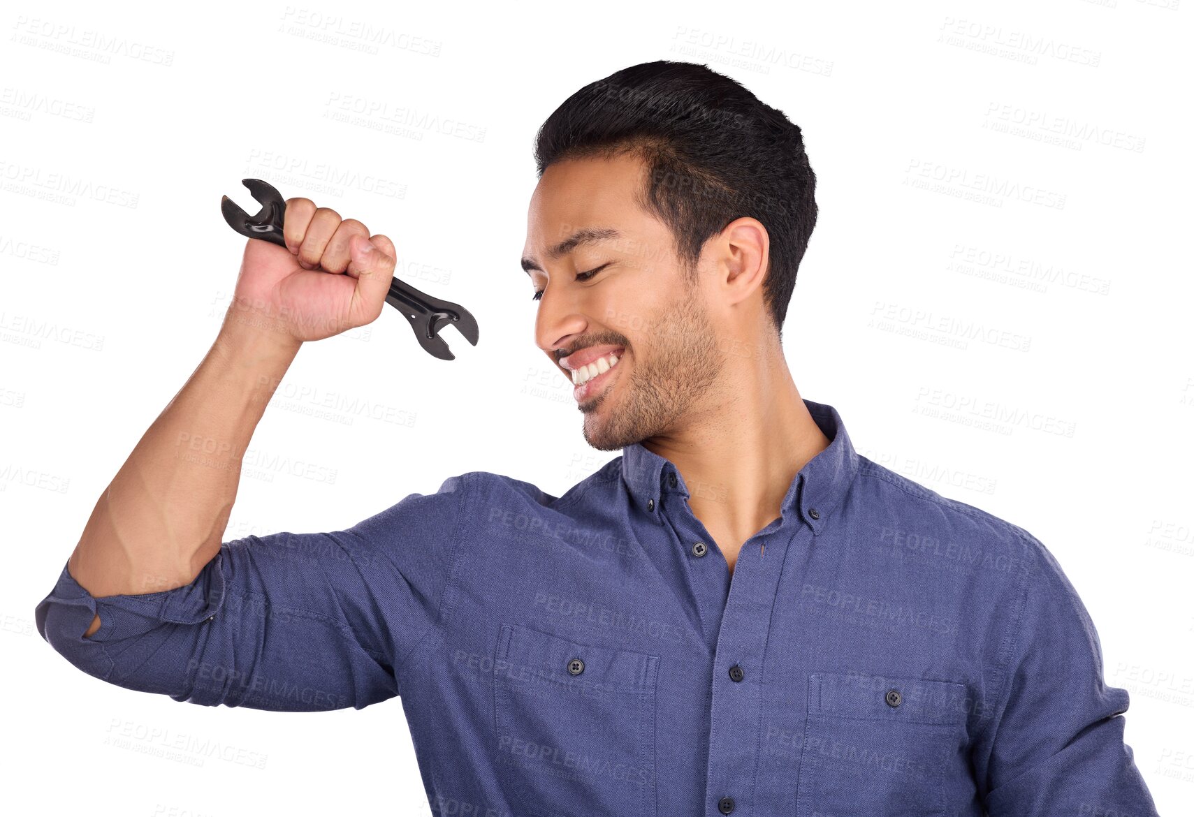 Buy stock photo Smile, happy man with wrench and power isolated on transparent png background in repair solution, maintenance or problem solving. Strong worker, person or plumber service with mechanic tools in hand.