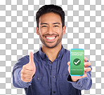 Asian man, phone and thumbs up on mockup in ecommerce, transaction or internet banking success. Portrait of happy male showing smartphone screen with thumb emoji, yes sign or like for online purchase