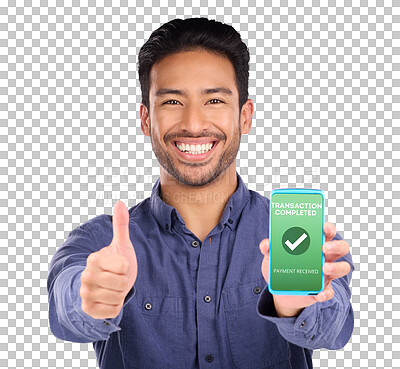 Buy stock photo Business man, phone screen and thumbs up for payment success, ecommerce and online shopping or check mark. Portrait, asian person like, hand and mobile bank transaction on transparent png background