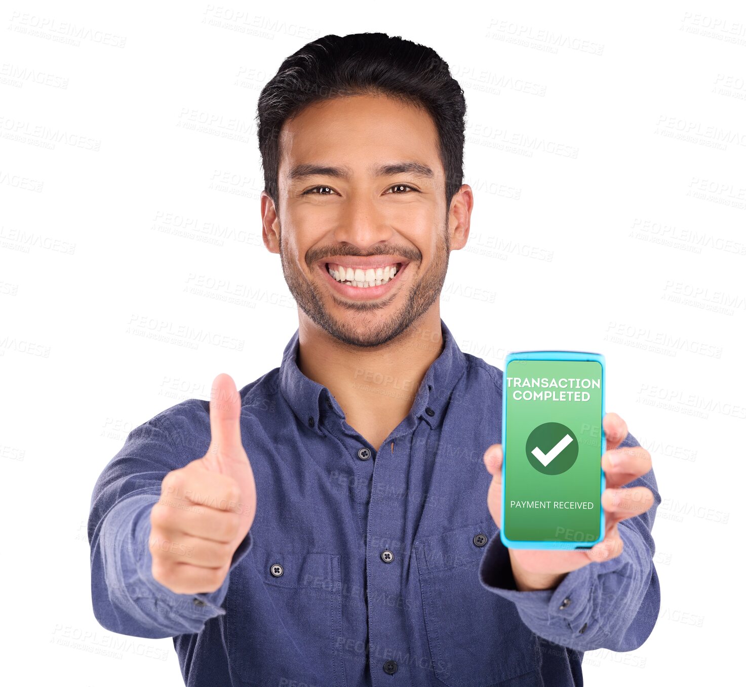 Buy stock photo Business man, phone screen and thumbs up for payment success, ecommerce and online shopping or check mark. Portrait, asian person like, hand and mobile bank transaction on transparent png background