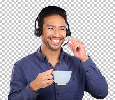 Happy call center man isolated on studio background for technical support, communication services and coffee for productivity. Asian consultant, business agent or person talking on a headset with tea
