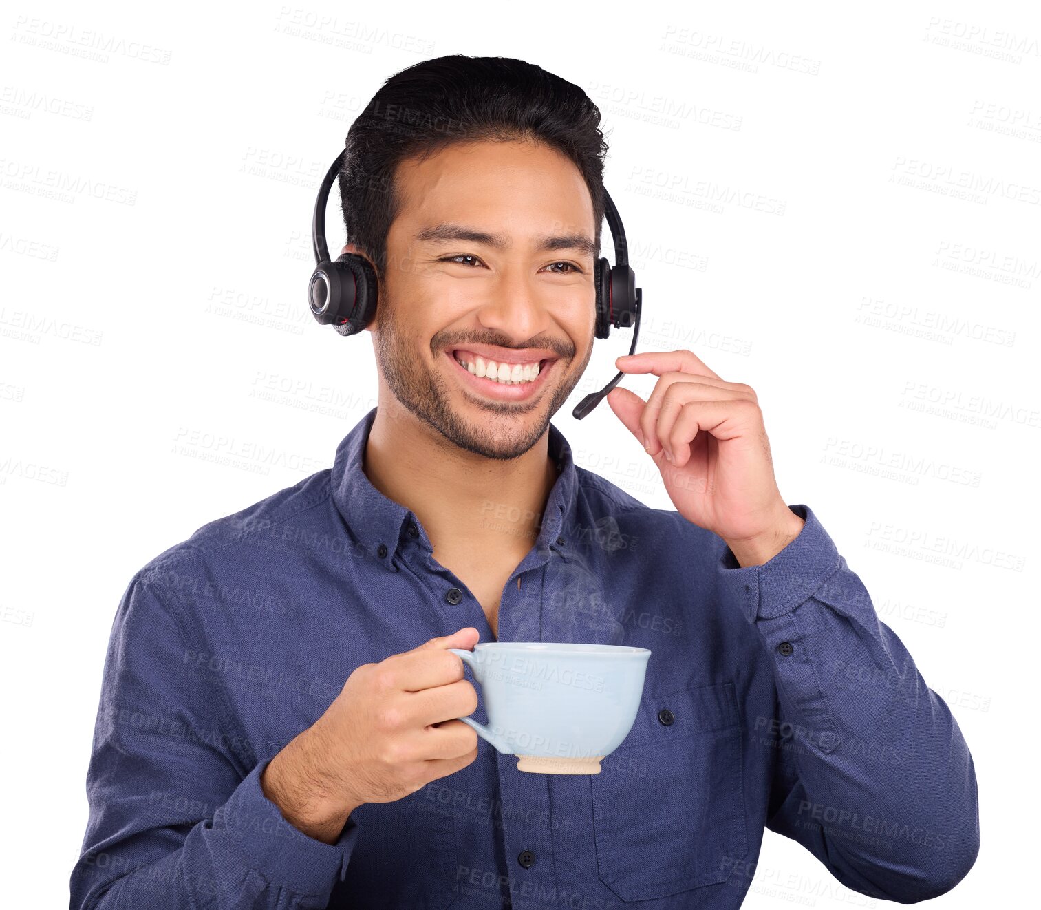 Buy stock photo Man, call center and coffee or headset for service, technical support or isolated on transparent png background. Asian person, tea cup and business agent or talking employee as help, sales or smile