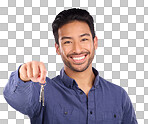 House keys, happy and portrait of a man in a studio with confidence after buying property. Happiness, proud and successful male model or new homeowner from Mexico isolated by a purple background.