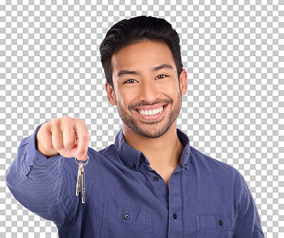 Buy stock photo House keys, real estate agent and portrait of a man, smile and property manager isolated on a transparent background. Face, person and model with png, happy or confidence with homeowner or investment