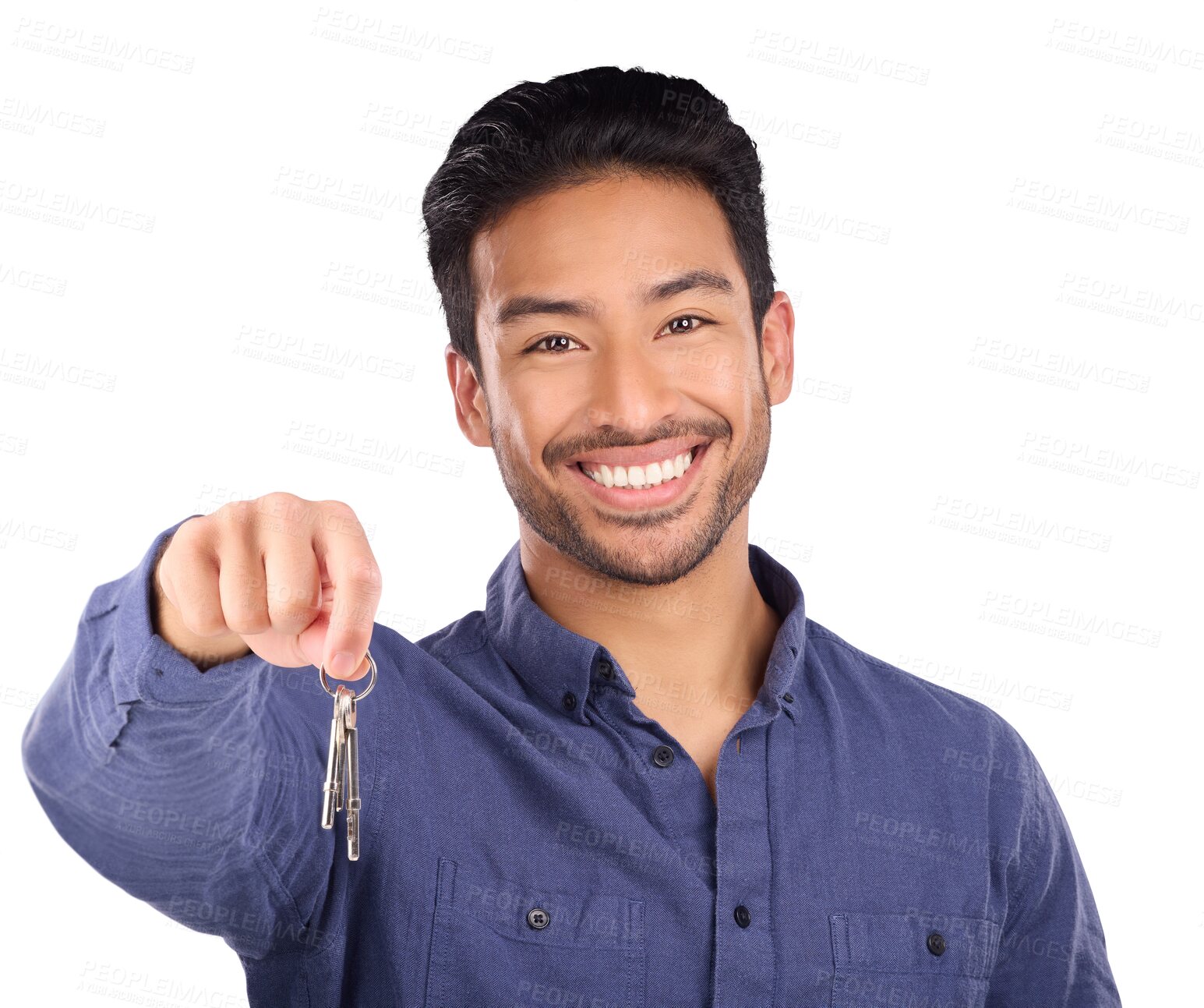 Buy stock photo House keys, real estate agent and portrait of a man, smile and property manager isolated on a transparent background. Face, person and model with png, happy or confidence with homeowner or investment