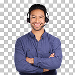 Arms crossed, call center and smile with portrait of man for customer service, business and technical support. Networking, communication and contact us with employee for sales, crm or happy in studio