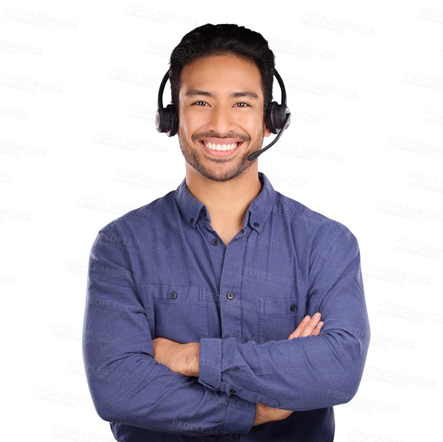 Buy stock photo Man, call center and arms crossed for communication, customer support and e commerce service. Portrait of Asian agent or business consultation with contact us isolated on transparent, png background