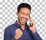 Phone call, celebration and business man in studio excited about good news and promotion. Happiness, success and online competition achievement with a smile from winning and cellphone motivation