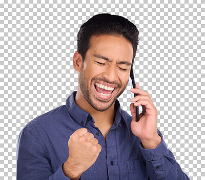 Buy stock photo Business man, phone call and yes, celebration or excited for news, announcement and winning or opportunity. Asian worker on mobile for results, bonus or success isolated on transparent png background