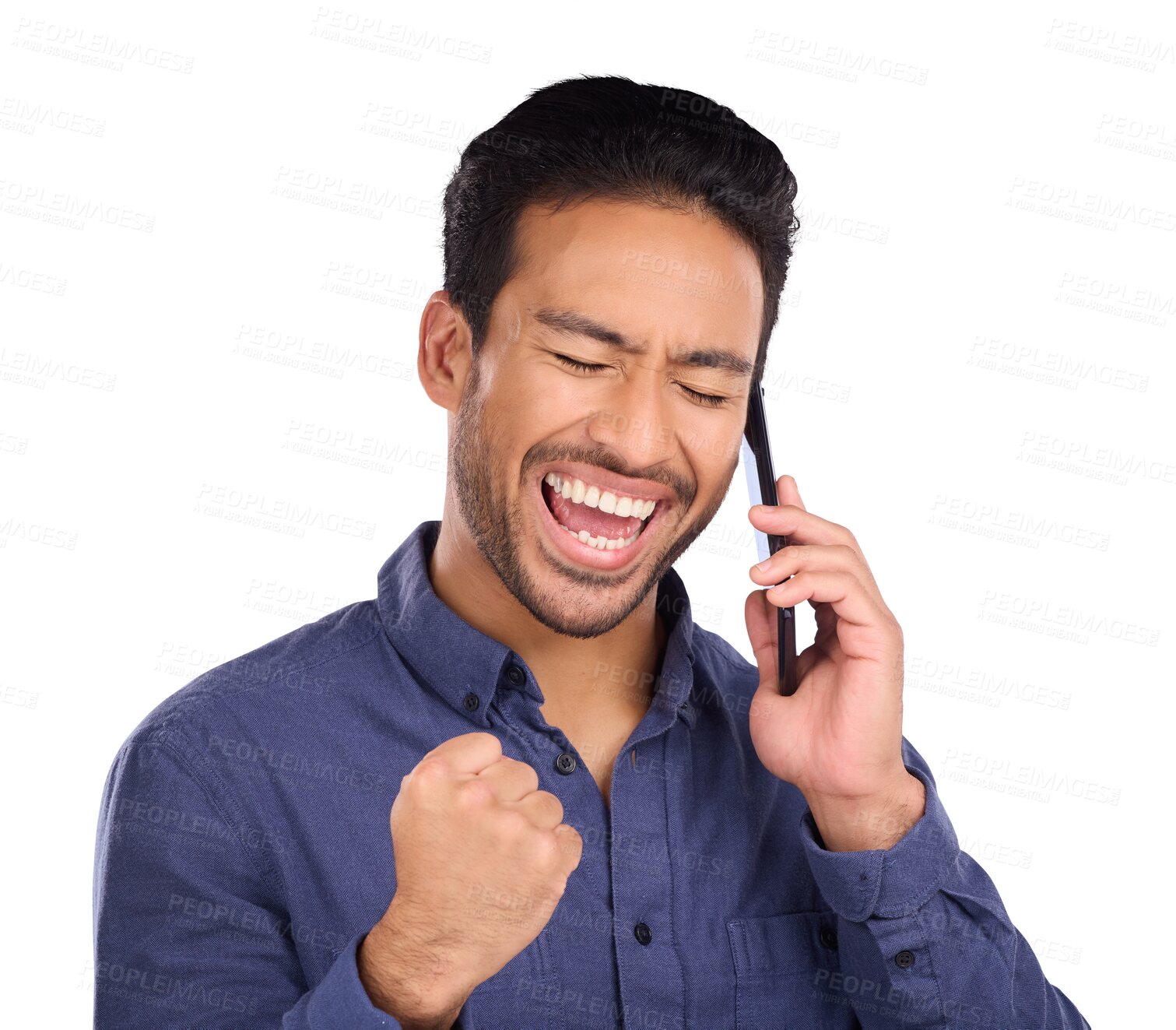 Buy stock photo Business man, phone call and yes, celebration or excited for news, announcement and winning or opportunity. Asian worker on mobile for results, bonus or success isolated on transparent png background