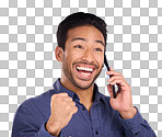 Happy, excited and Asian man on a phone call for promotion isolated on a purple background in studio. Winning, communication and businessman on a conversation about success, good news and achievement