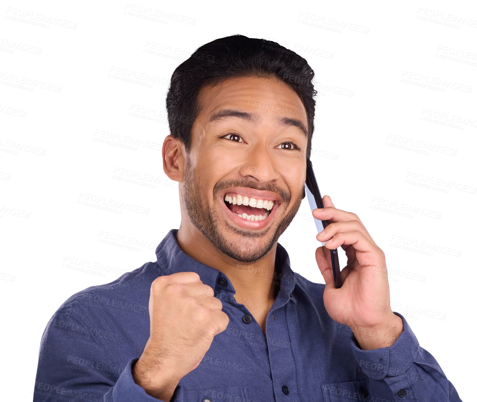 Buy stock photo Business man, winner and phone call with yes, celebration or excited for news, announcement and winning. Asian worker listening on mobile for bonus or success isolated on transparent, png background