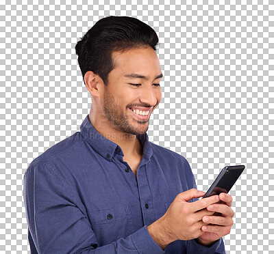 Buy stock photo Smile, phone for networking and a business asian man isolated on transparent background for social media. Contact, communication or app with a happy young employee typing a mobile text message on PNG