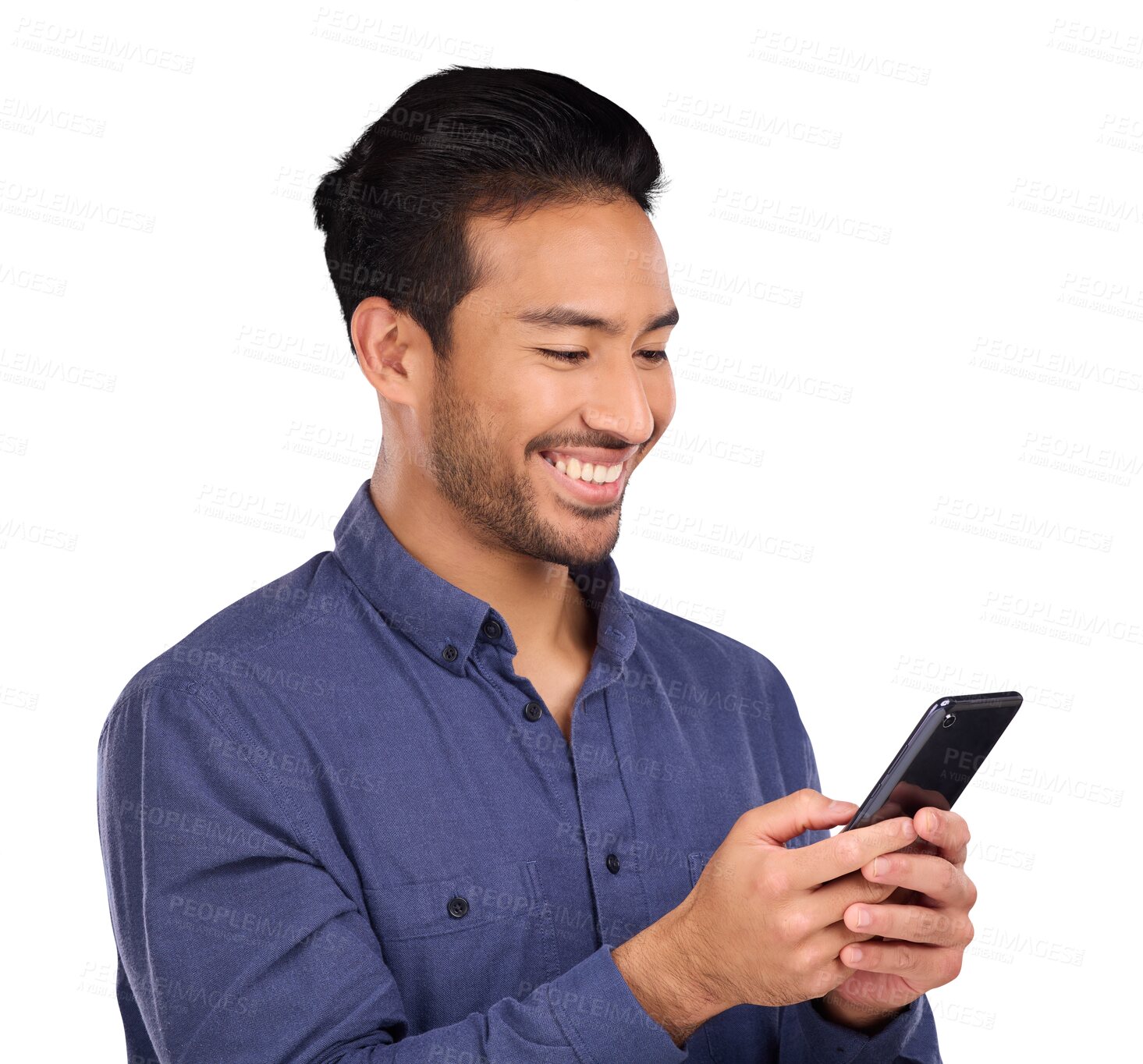 Buy stock photo Smile, phone for networking and a business asian man isolated on transparent background for social media. Contact, communication or app with a happy young employee typing a mobile text message on PNG