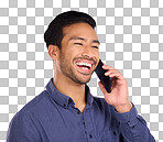 Phone call, good news or laughter with man in studio on a gray background talking for communication. Mobile, contact and calling with a handsome young male against a wall for chatting or conversation