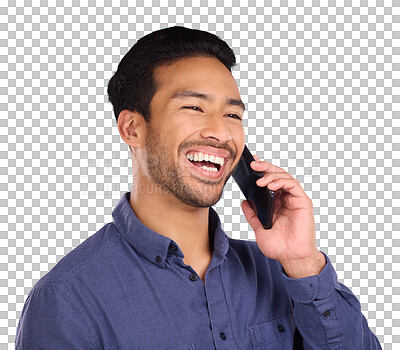 Buy stock photo Happy asian man, phone call and laughing for funny joke or conversation isolated on a transparent PNG background. Male person smile, laugh and talking on mobile smartphone in humor for fun discussion