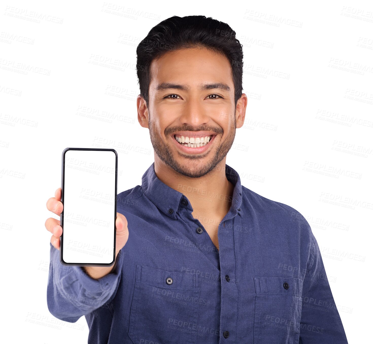 Buy stock photo Business man, phone screen and portrait for presentation, advertising information or trading software. Young Asian trader with mobile app space for stock market isolated on transparent png background