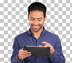 Happy business man on tablet isolated on studio background for stock market research with online app. Happy asian person, worker or entrepreneur on digital technology for profit, sales and fintech