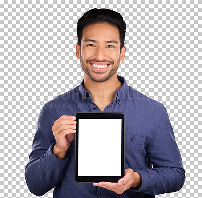 Buy stock photo Business man, tablet mockup screen and website design, online presentation or stock market software. Portrait of asian trader, digital technology or trading app isolated on transparent png background