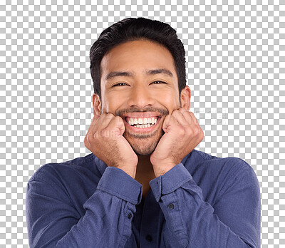 Buy stock photo Portrait, excited and Asian man with emotion, smile and confident guy isolated on transparent background. Announcement, Japanese person and model touching face, wow and cheerful with png and surprise