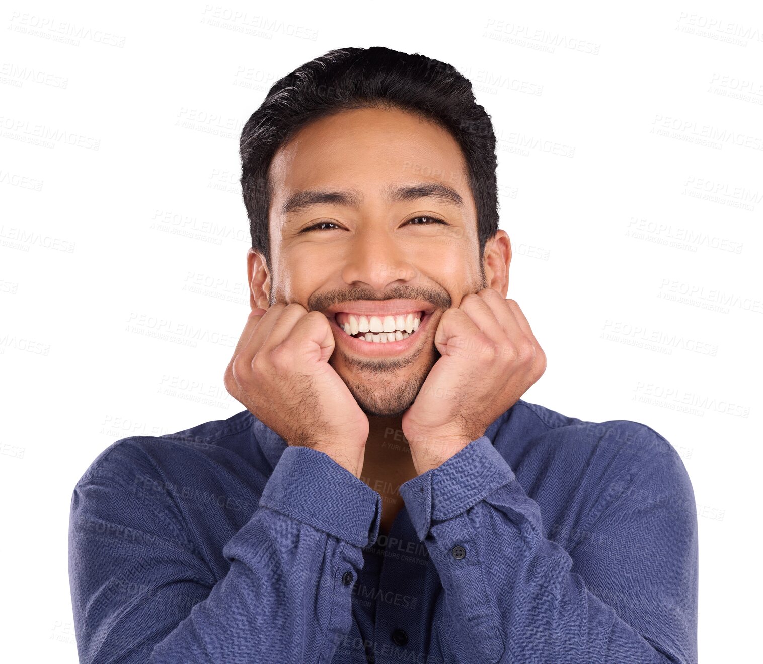 Buy stock photo Portrait, excited and Asian man with emotion, smile and confident guy isolated on transparent background. Announcement, Japanese person and model touching face, wow and cheerful with png and surprise