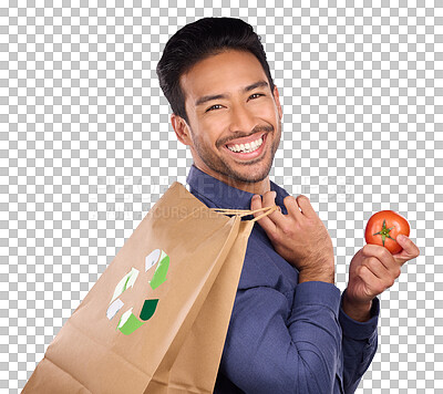 Buy stock photo Portrait, smile and grocery shopping with a man isolated on a transparent background for health, diet or nutrition. Face, smile and tomato with a happy young supermarket customer on PNG for recycling