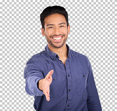 Buy stock photo Portrait, business and Asian man with handshake, smile and professional isolated on a transparent background. Face, person or employee with hand gesture, b2b deal and agreement with consultant or png