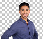 Business man, proud smile and portrait of a marketing manager from Thailand in a studio. Isolated, blue background and happiness of a businessman and entrepreneur ready for professional working