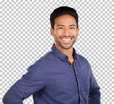 Buy stock photo Portrait, smile and business with an asian man isolated on a transparent background for professional work. Fashion, model and a happy young employee on PNG for his job or career as an entrepreneur