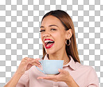 Relax, smile and coffee with portrait of woman for happy lunch break and peace. Cappuccino, latte and caffeine beverage with girl and cup for cafe, restaurant and inspiration in studio background