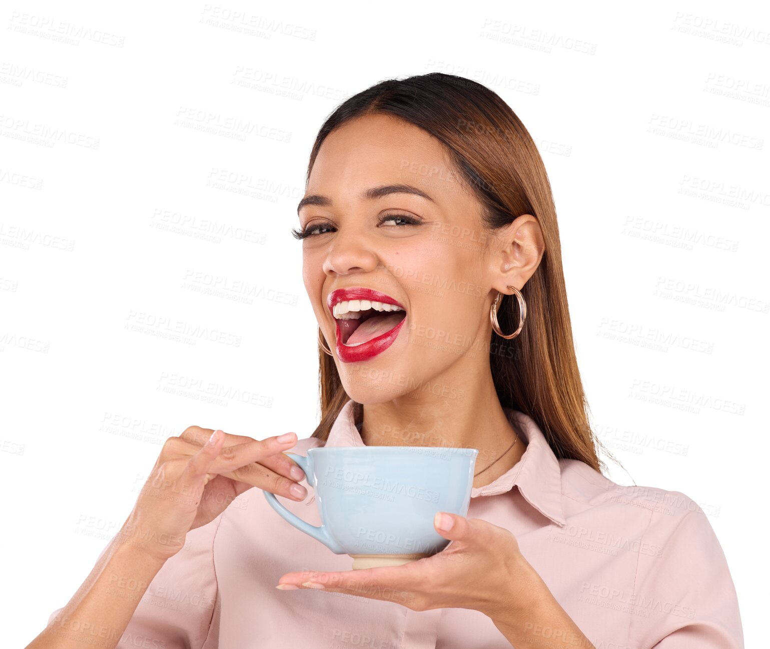 Buy stock photo Happy, portrait and woman with coffee on isolated, transparent and png background. Face, smile and lady model excited for tea, matcha or hot chocolate, espresso or cappuccino with me time latte break
