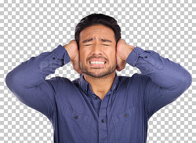 Buy stock photo Stress, noise and man for cover of his ears for sound, mental health or upset. Asian person, model and headache with pain on isolated or transparent png background for unhappy, anxiety or depression