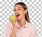 Portrait of woman eating apple isolated on studio background for healthy teeth, wellness or nutrition breakfast. Vegan business person or black model with green fruits or food, dental care and beauty