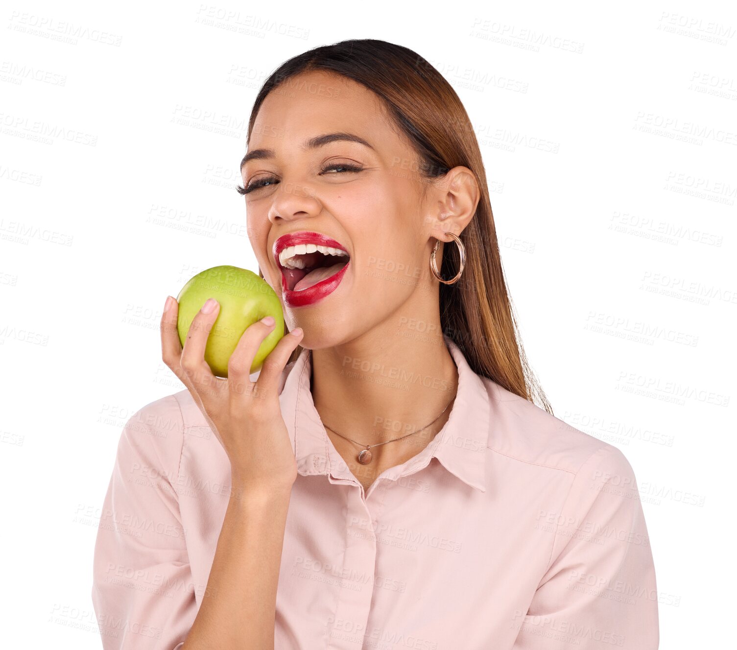 Buy stock photo Health, portrait and happy woman with apple, diet or wellness on isolated, transparent or png background. Weight loss, face and nutritionist with fruit for detox with fiber, vitamins or healthy snack