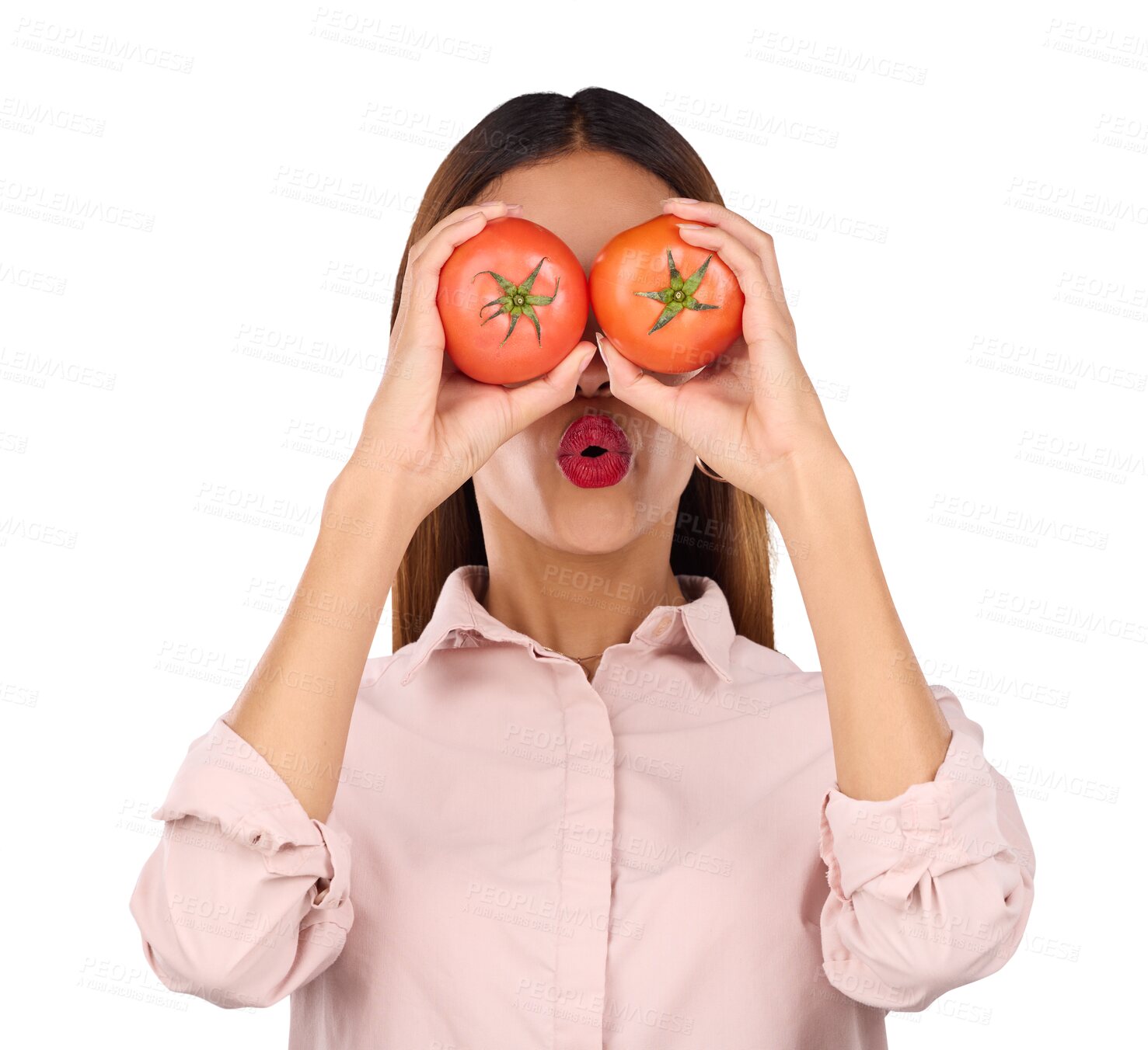 Buy stock photo Woman, tomato and covering eyes with healthy food, vegan diet and funny isolated on a transparent background. Model, girl and person with red vegetables, wellness and humor with png, goofy and joke