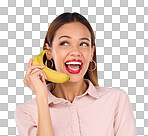 Woman, studio and banana phone call for hello, happiness or comic communication for makeup, beauty or fashion. Gen z girl, funny chat or conversation with mobile fruit for diet, wellness or cosmetics