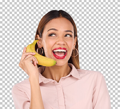 Woman, studio and banana phone call for hello, happiness or comic communication for makeup, beauty or fashion. Gen z girl, funny chat or conversation with mobile fruit for diet, wellness or cosmetics