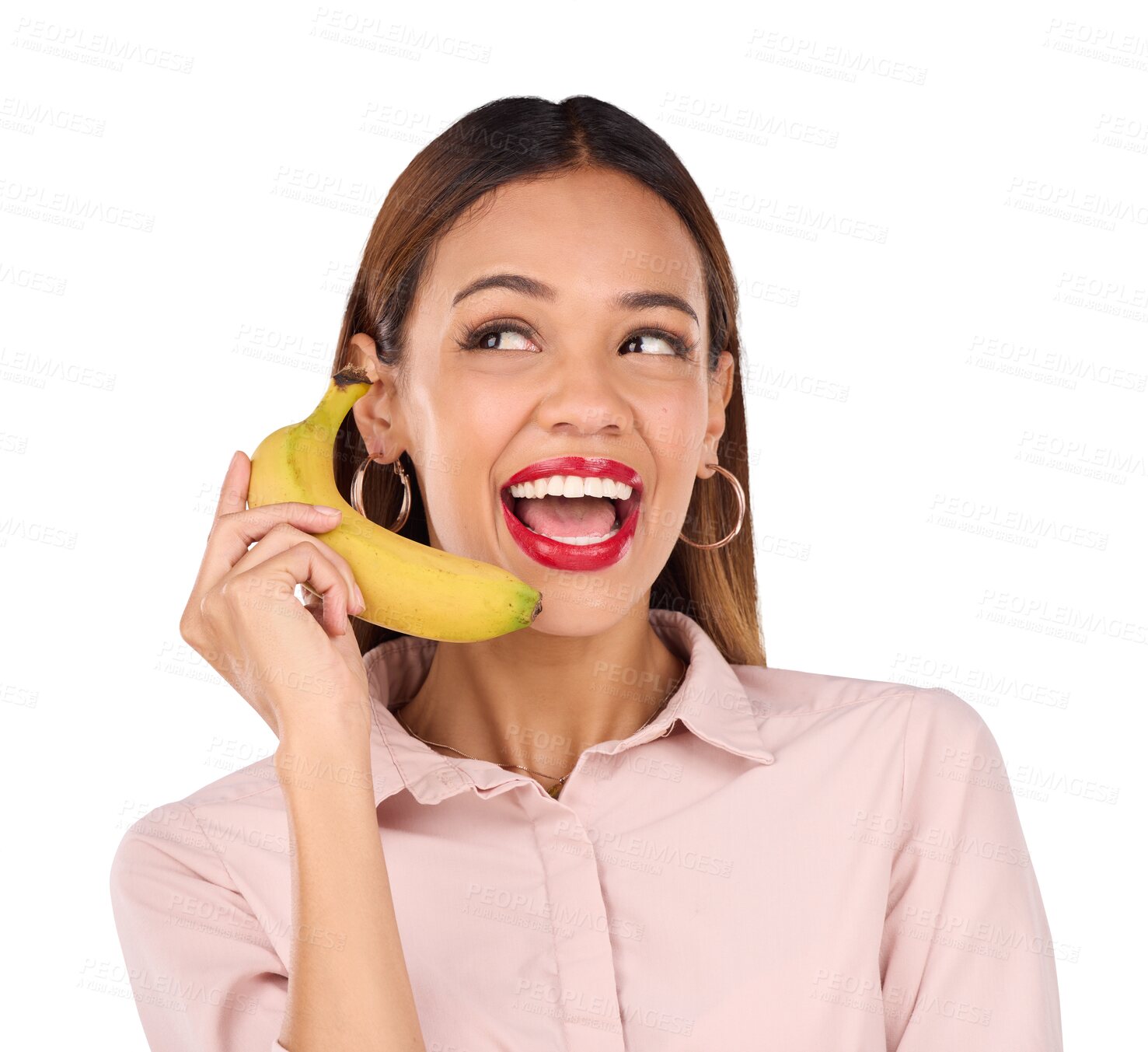 Buy stock photo Funny, woman and banana phone call, communication and laughing in makeup cosmetics. Mobile fruit, chat and girl in conversation for food, vegan and nutrition isolated on a transparent png background