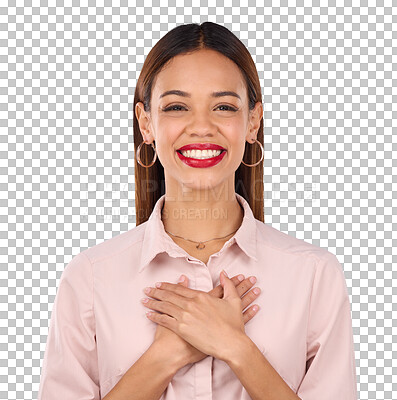 Buy stock photo Portrait, smile and woman with hands on chest for thank you on isolated, transparent or png background. Happy, face and  entrepreneur with gratitude for small business, cosmetic or startup support