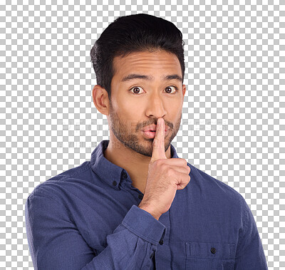 Buy stock photo Secret, portrait and man with finger on lips for privacy on isolated, transparent or png background. Whisper, emoji and face of Japanese model with gossip, drama or news, dont tell or confidential