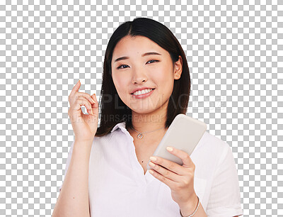 Buy stock photo Smile, phone and portrait of Asian woman on social media,  networking app or internet communication. Smartphone, face and happy person with mobile technology isolated on a transparent png background