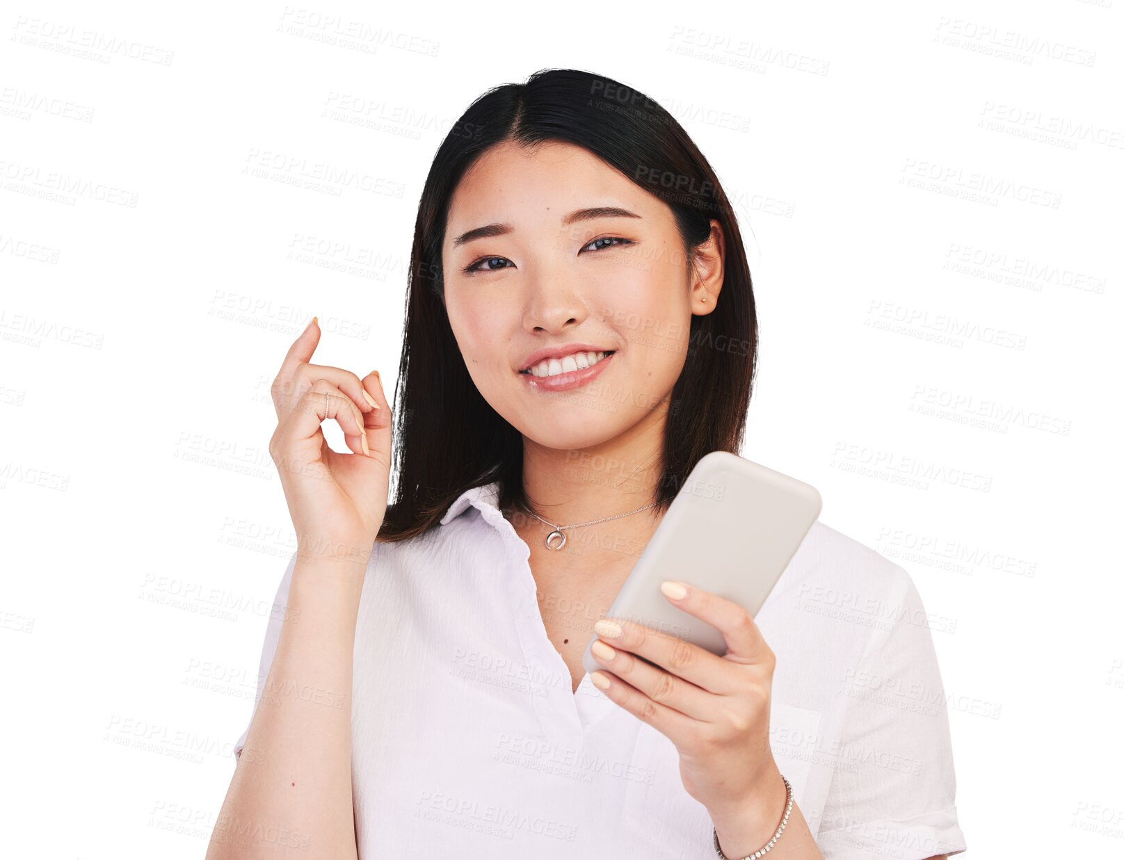 Buy stock photo Smile, phone and portrait of Asian woman on social media,  networking app or internet communication. Smartphone, face and happy person with mobile technology isolated on a transparent png background