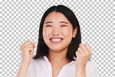 Buy stock photo Isolated Japanese woman, fist and cheers with smile for goals, bonus or success by transparent png background. Girl, excited Asian person and winner with celebration, competition or prize giveaway